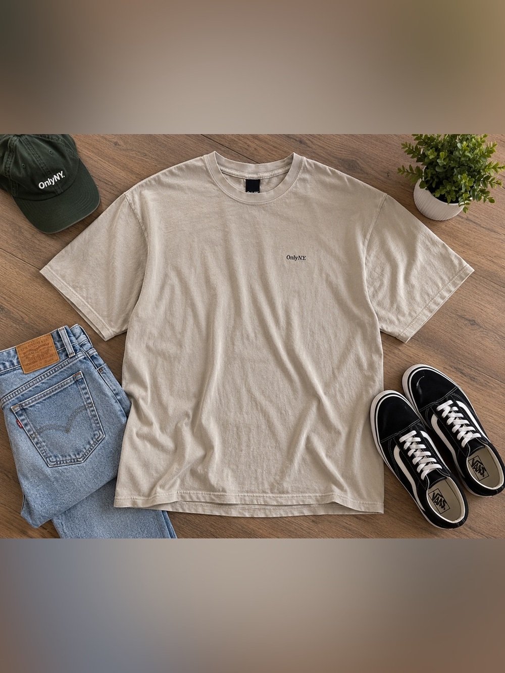 Only NY Men’s Minimalist Logo T-Shirt Beige Made in USA 100% Cotton Tee XL